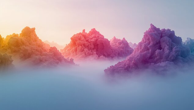 Dreamlike abstract mountain peaks bathed in vibrant sunset hues, emerging from ethereal mist, creating a surreal and serene landscape.