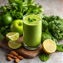 Fototapeta premium A vibrant green smoothie garnished with fresh mint leaves presented in a clear glass, perfect for showcasing healthy food options and refreshing summer drinks.