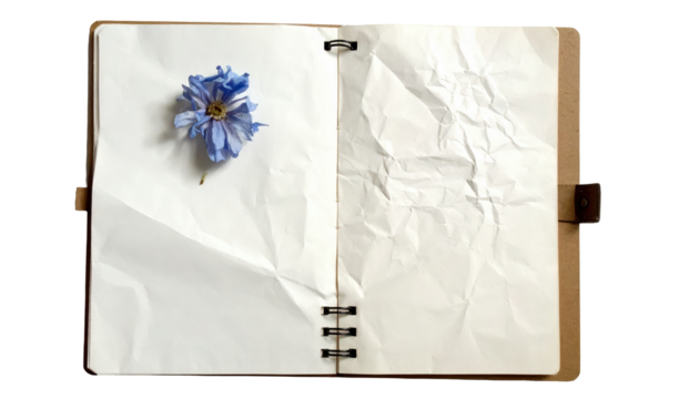 Elegant Notebook with Blue Blossom: An open notebook, revealing crisp, blank pages alongside the delicate touch of a single, vibrant blue flower, hinting at stories untold and dreams yet to bloom. 