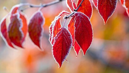 Close-up of vibrant red leaves dusted with frost on a branch, illuminated by soft sunlight against a blurred background