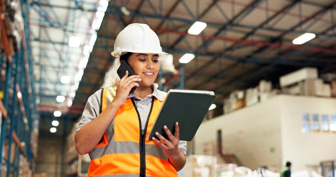 Woman, phone call or logistics with tablet for inventory, checklist or communication in depot. Female person, distributor or supplier talking with mobile smartphone, technology or stock in warehouse