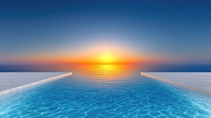 Serene Sunrise Over the Ocean Viewed From an Infinity Pool With Sparkling Blue Water and Distant Horizon Under a Clear Sky