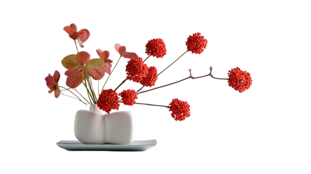 Elegant floral arrangement: a delicate composition of vibrant red flower heads and leaves, thoughtfully arranged in a unique vase, with a touch of nature's artistry and design.