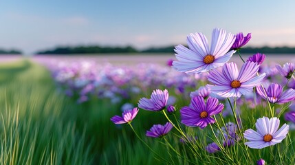 Close Up Of Delicate Purple And White Wildflowers In A Lush Green Field Under Soft Sunlight With A Blurred Background Of Trees And Blue Sky