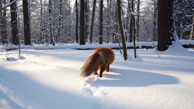Dynamic shot of a fox gracefully pouncing through deep snow, capturing its agility and hunting prowess in a natural, undisturbed setting. Action oriented perspective of a wild animal's survival?