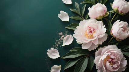Pink peonies with scattered petals on a dark green background