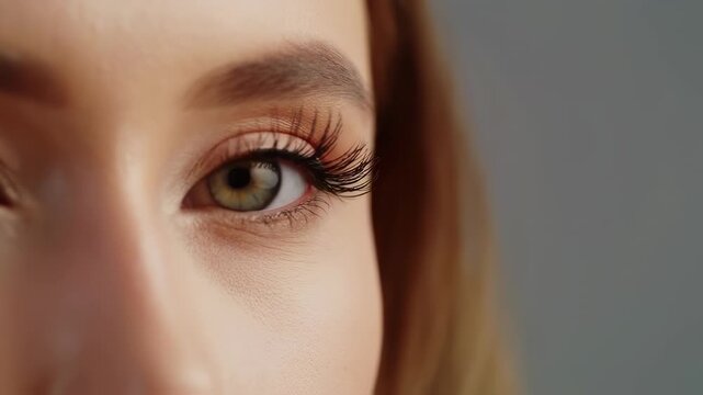 Close-up of a woman's eye with dramatic lashes, subtle makeup, and focused gaze