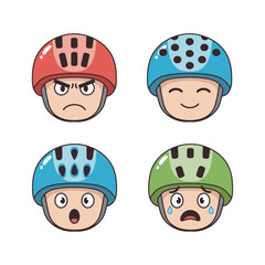 Set of four cartoon heads wearing bike or skateboard helmets with different facial expressions: angry, happy, surprised, and crying sad