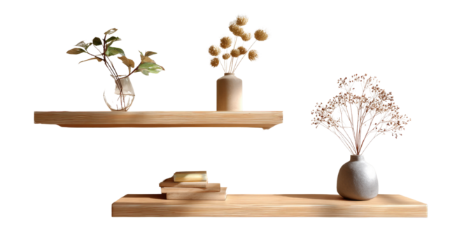 Minimalist Decor Harmony: Captivating the essence of serenity with modern decor, wooden shelves feature delicate floral arrangements and subtle books.