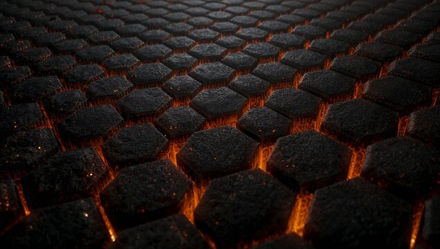 Dynamic dark hexagonal structure glowing with fiery orange energy emanating from within, creating a powerful and intense abstract background. - Powered by Adobe