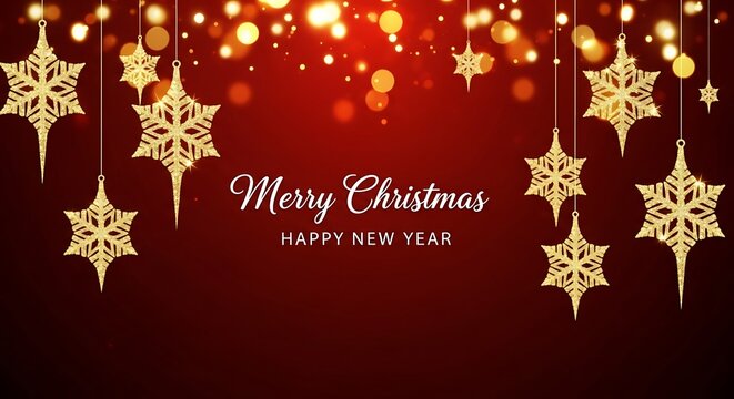 Elegant merry christmas and happy new year greeting card with hanging golden snowflakes and bokeh lights