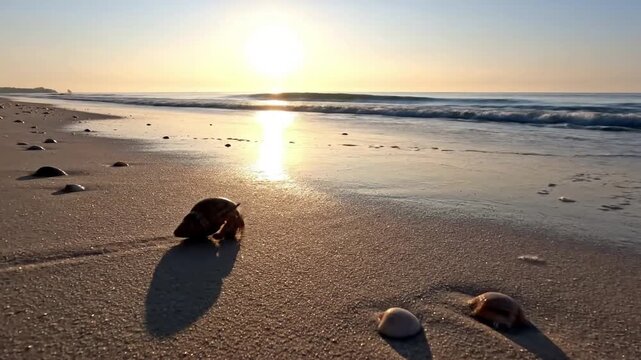 Subtle movements of small, indigenous marine life, such as a hermit crab or a sea snail, navigating the intertidal zone, showcasing the beach's vibrant ecosystem.