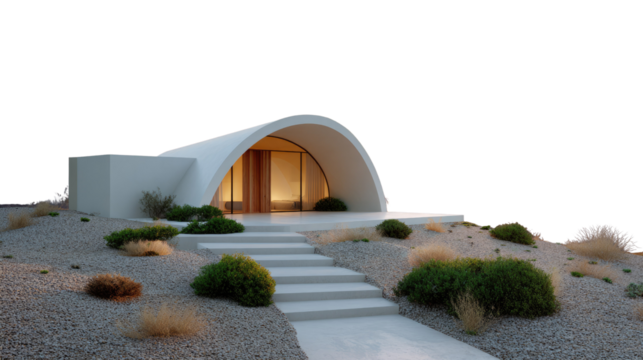 Architectural Harmony: A modern, minimalist home seamlessly blends with its natural surroundings, featuring a striking arched entrance, steps leading to the front door, and a serene, landscaped yard.