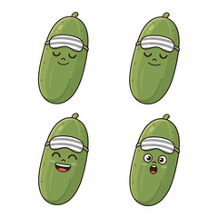 Funny cartoon cucumber with a sleeping mask character set, showing different emotions like peaceful sleep, happy smile, and wide-eyed surprise