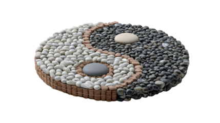 Yin and Yang Balance: An artistic stone mosaic of the Yin and Yang symbol, illustrating the harmony and balance within opposing forces and elements.