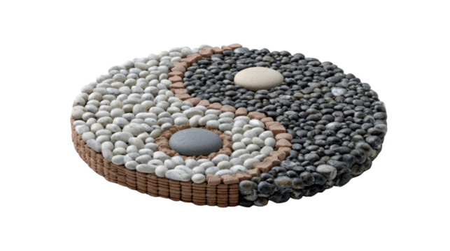 Yin and Yang Balance: An artistic stone mosaic of the Yin and Yang symbol, illustrating the harmony and balance within opposing forces and elements.