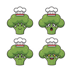 Cute cartoon broccoli florets with a chef hat character set, showcasing various expressions like happy, surprised, angry, and star-struck