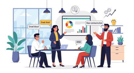 Diverse team collaborating on innovative ideas during a dynamic modern business meeting, fostering creativity and clear communication for success.
