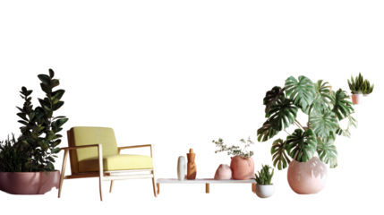 Indoor Oasis: Interior design with elegant armchair, lush potted plants, and modern decorative objects. The scene radiates a sense of tranquility.