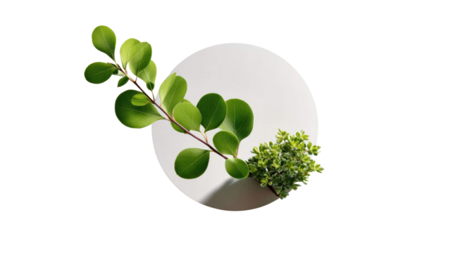 Elegant Botanical Composition: A minimalistic artistic arrangement showcasing fresh, vibrant green leaves gracefully arching across a clean, circular design.