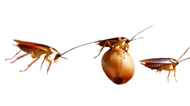 Cockroaches: Three cockroach bugs engage in a curious scene, possibly interacting with an onion, against a plain backdrop. The scene suggests a blend of nature, and an interesting story.
