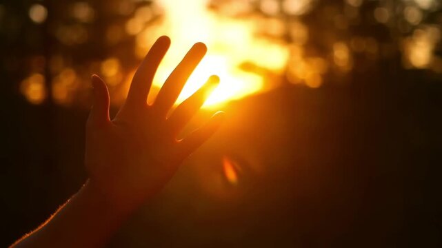 A hand reaching towards the sun, creating a silhouette and emphasizing the beauty of the sunlight. The hand reaches out with an open palm toward the bright sun Stock Video