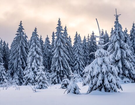 Snowy fir trees blanketed under a pastel winter sky - Powered by Adobe