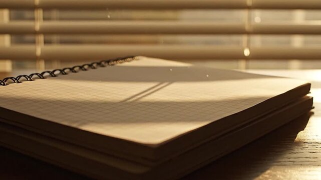 Yielding daylight through study blinds, thin shadows ladder across squared notebooks
