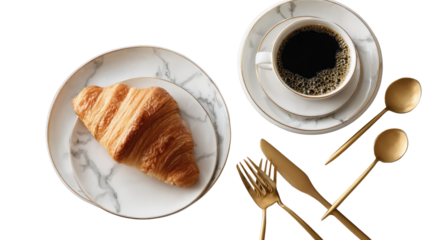 Morning Indulgence: A tempting display of culinary delights, featuring a buttery croissant, a steaming cup of coffee, and elegant tableware, arranged in an inviting composition.