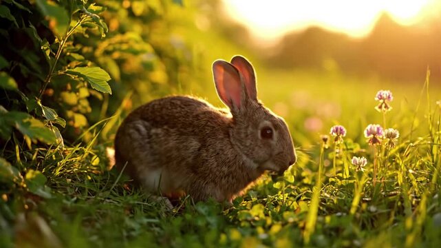 Dynamic shot of a rabbit quickly darting through tall grasses or underbrush, illustrating its agility and survival mechanisms in a pristine environment.