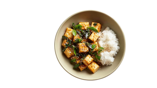 Tofu and Rice in a Bowl: A delectable image captures a culinary masterpiece of tofu cubes mingling harmoniously with a bed of fluffy rice in a ceramic bowl, promising a satisfying culinary experience.