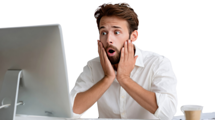 Shock and Surprise: A man's face is a portrait of astonishment, his eyes wide, his mouth agape as he stares intently at the computer screen, hands pressed against his cheeks in disbelief.