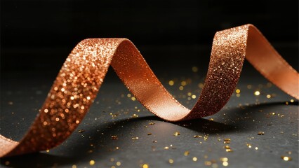 Glittery copper ribbon curled on dark surface with golden confetti