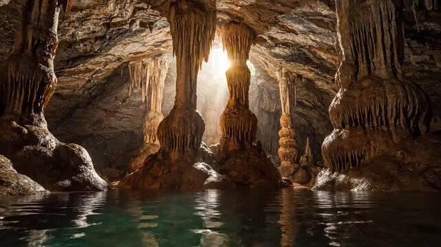 Close up of mineral deposits on rock walls, revealing vibrant colors and unique textures formed by millennia of natural geological activity and water flow.