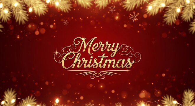 Elegant merry christmas greeting with golden script text and twinkling lights on a festive red background