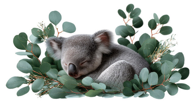 Koala Sleeping in Green Foliage: A serene koala sleeps peacefully embraced by lush, verdant eucalyptus leaves.