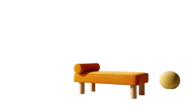 Modern Furnishings in Minimalist Scene: A contemporary yellow daybed paired with a spherical object, set against a pristine backdrop, embodying the simplicity and elegance of modern design.