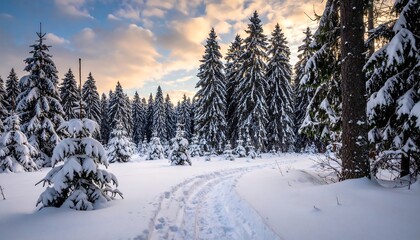 Snowy forest path leads through evergreen trees under a cloudy sky