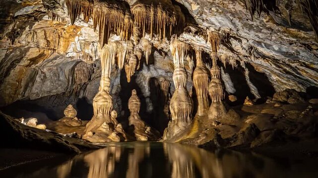 Dynamic interplay of natural light piercing through a distant cave opening or skylight, casting dramatic shadows and illuminating dust particles in the humid, cool air.
