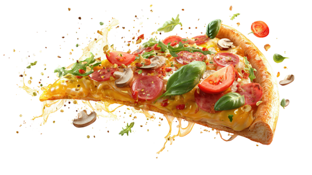 Pepperoni pizza slice isolated on transparent background PNG image 