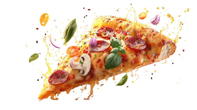 Pepperoni pizza slice isolated on transparent background PNG image 