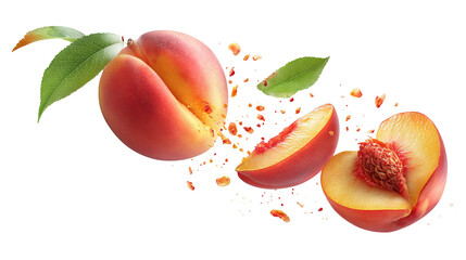 Fresh Juicy Peach with Slices and Green Leaves white background PNG image 