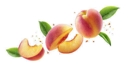 Fresh Juicy Peach with Slices and Green Leaves white background PNG image 