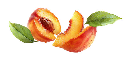 Fresh Juicy Peach with Slices and Green Leaves white background PNG image 