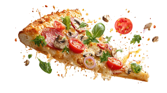 Pepperoni pizza slice isolated on transparent background PNG image 