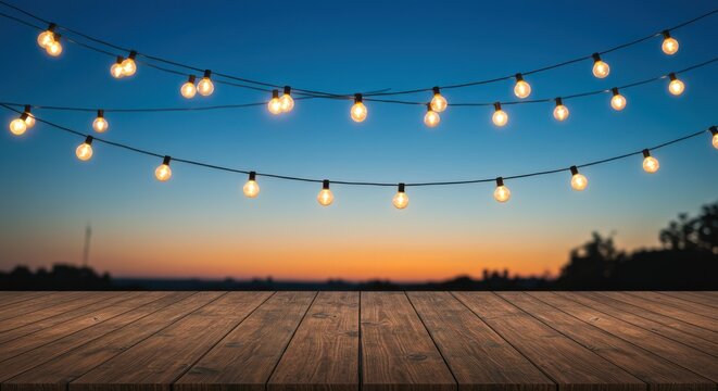 Evening Ambiance: String Lights Over Wooden Table, Sunset Sky.
