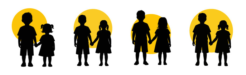 Black silhouettes of a boy and a girl holding hands against a yellow sun-like circle, repeated four times.