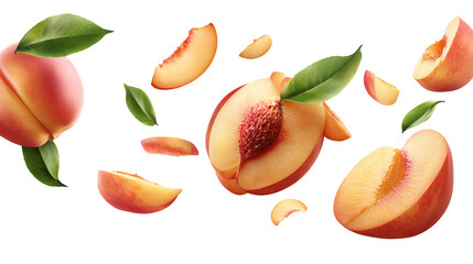 Fresh Juicy Peach with Slices and Green Leaves white background PNG image 