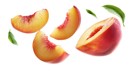 Fresh Juicy Peach with Slices and Green Leaves white background PNG image 