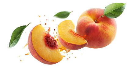 Fresh Juicy Peach with Slices and Green Leaves white background PNG image 